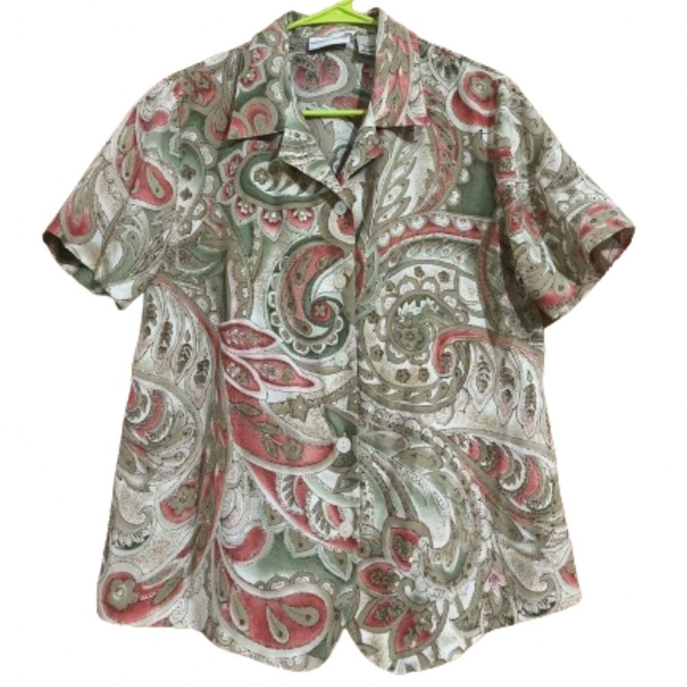 Alfred Dunner Women’s Multi Paisley Print Button Down Short Sleeve Shirt Sz-10